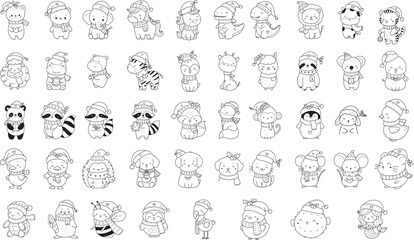 Animals christmas cartoon set cartoon,x mas Woodland Animals Coloring Forest , animal cartoon,Head Animal, Big collection of decorative for kids,baby characters, card,hand drawn, cartoon style.vector