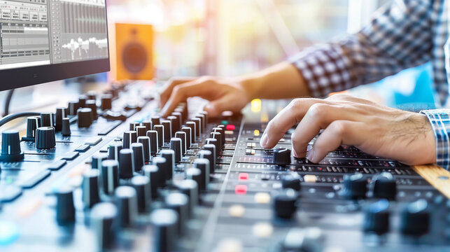 Serene audio studio with sound engineer adjusting noise reduction settings on mixing console, symbolizing the meticulous process of eliminating unwanted sounds.