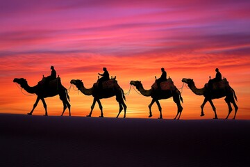 A camel caravan crossing the vast dunes of the Gobi Desert under a golden sunset