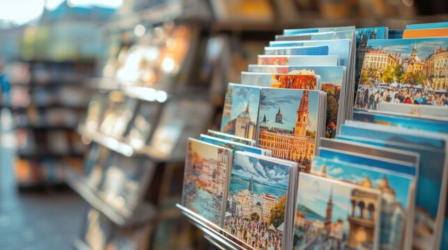 A rotating stand filled with souvenir postcards and greeting cards, showcasing various cities and attractions.