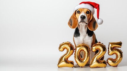 Golden "2025" Balloons and Santa Hat Beagle Celebrating New Year. Festive Canine in Holiday Attire on White Background.