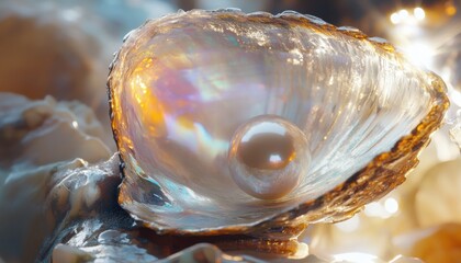 A close-up of an open oyster showcasing a lustrous pearl inside.