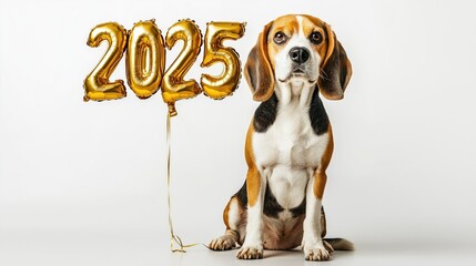 Beagle Dog with Golden "2025" Balloon for New Year's Greeting Card or Banner Design, Festive Celebration Concept