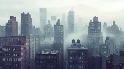Obraz premium A misty urban skyline with towering buildings and a moody atmosphere.