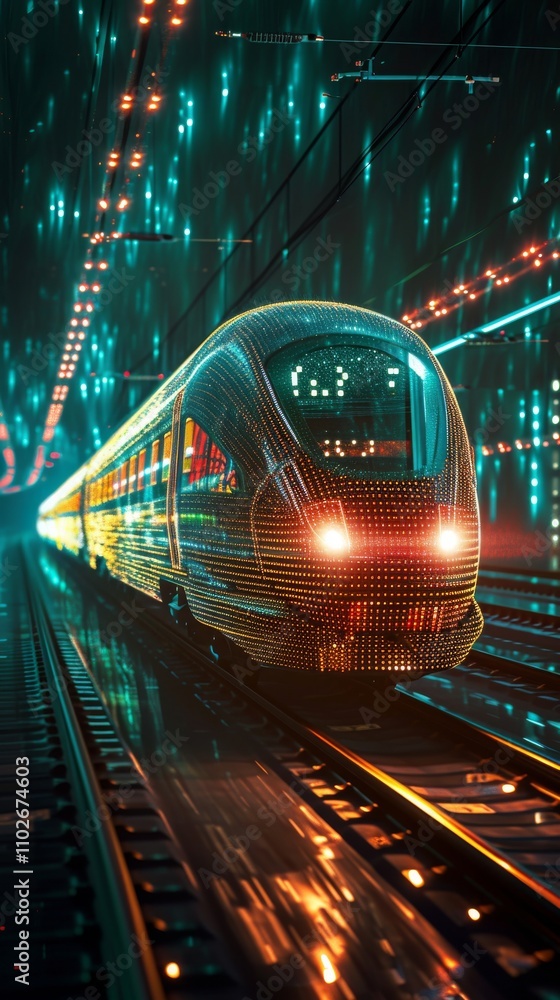 Poster a sleek high-speed train illuminated by vibrant neon lights moves swiftly through a futuristic tunne