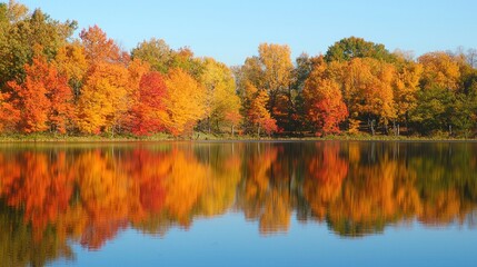 Fototapeta premium A scenic autumn landscape with trees displaying brilliant shades of orange, red, and yellow, reflecting the fall season
