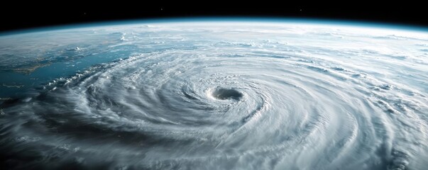 Aerial view of a powerful hurricane swirling over the ocean, dramatic cloud formations.