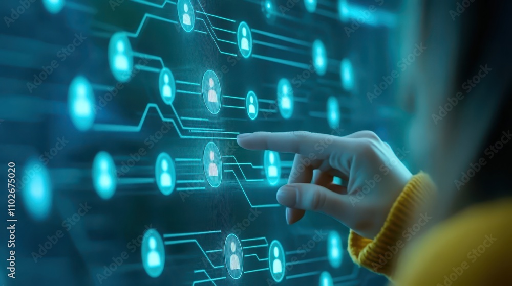 Poster advanced touch screen interface, hand activating futuristic digital display control