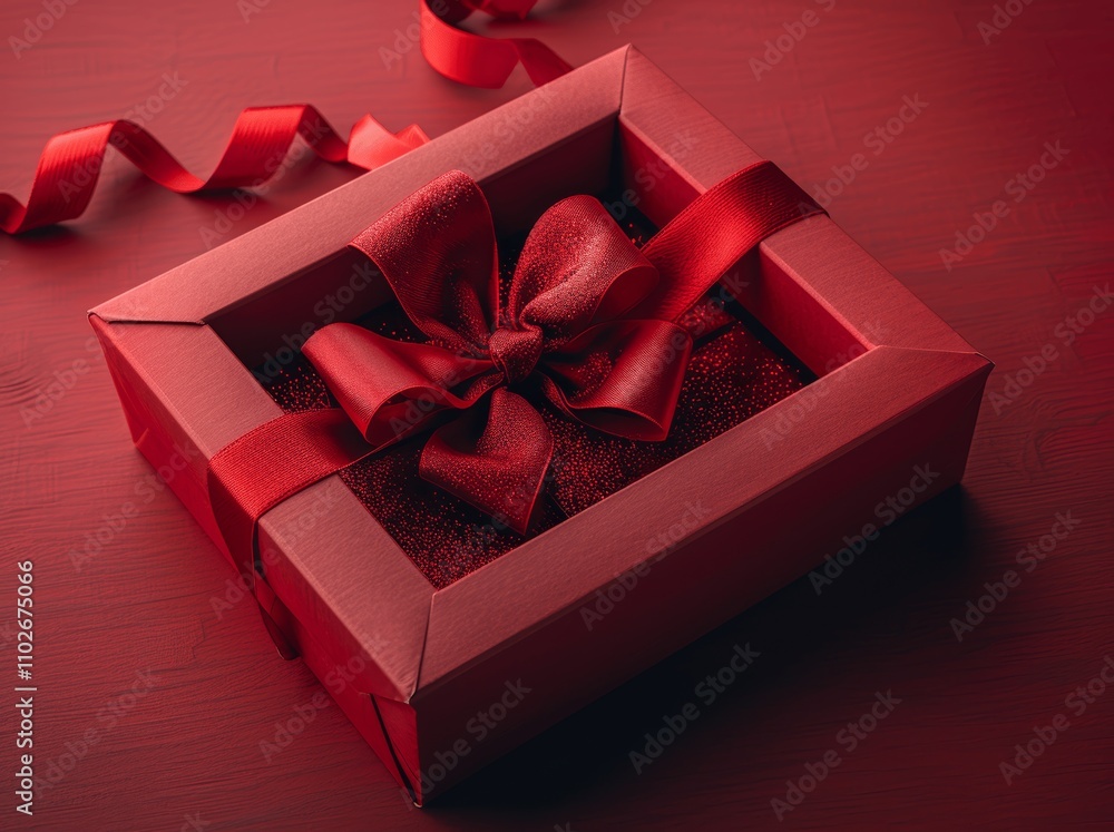 Poster red gift box with bow open on dark red background 3d rendering for christmas and valentine's day
