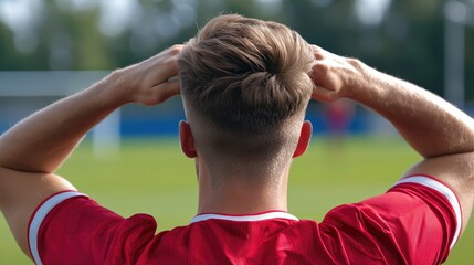 Naklejka premium Fan sports goal dedication concept. A player in a red jersey reacts with concern, watching a soccer game from a distance, displaying emotions of anticipation or disappointment.