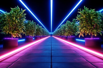 A digital 3D asparagus farm with stylized rows of plants and automated machines harvesting under glowing lights