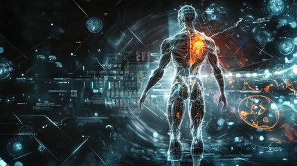 Futuristic digital human anatomy with glowing spine and technological background.