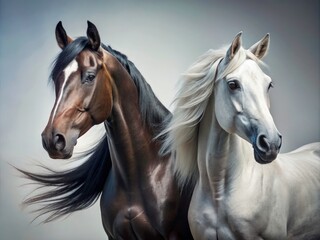 Obraz premium Elegant Equine Fashion Photography: Two Horses, White Background, Studio Shot