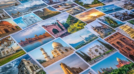 A selection of souvenir greeting cards featuring scenic landscapes, cultural landmarks, and local themes.