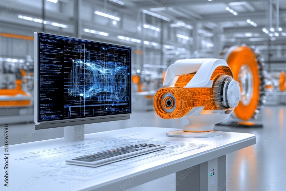 Poster a futuristic architect workspace with holographic 3d models, floating blueprints, and ai-assisted de