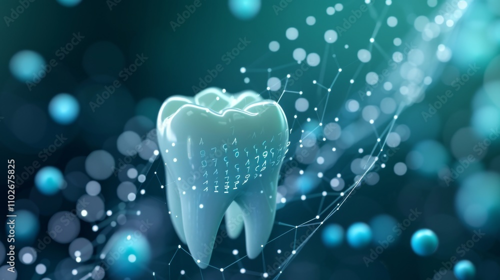 Poster a captivating 3d render of a tooth with surrounding molecular structures, symbolizing modern advance