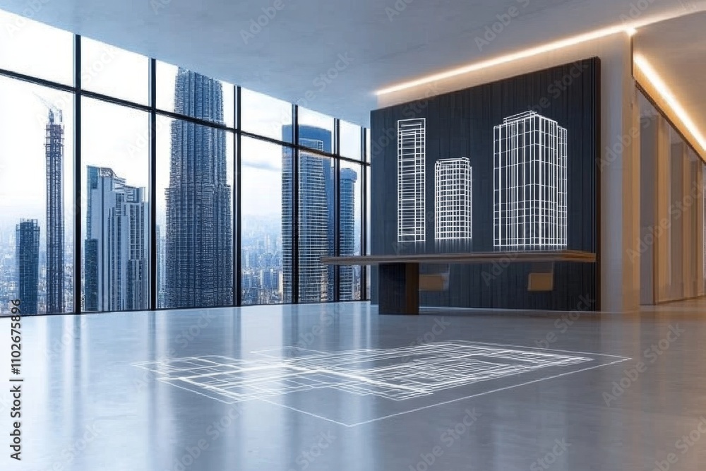Fototapete A futuristic workspace with holographic architectural blueprints and interactive 3D models floating in the air
