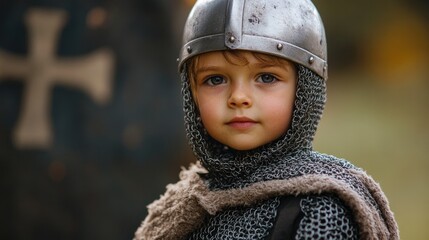 Young knight in shining armor, representing purity and courage, starting a spiritual journey.
