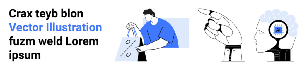 Man holding shopping bags with sale tag, finger pointing gesture, head with AI symbol. Ideal for shopping, sales, guidance, AI technology, modern trends, e-commerce consumer behavior concepts