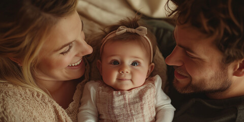 Closeup portrait of couple with their baby Happy smiling family holding baby