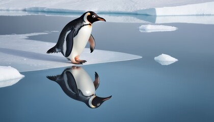 Obraz premium A penguin walks on ice, its reflection visible in the calm water, surrounded by a serene, icy landscape.