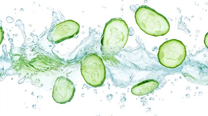Dynamic Water Splash with Floating Cucumber Slices, Symbolizing Freshness and Hydration.