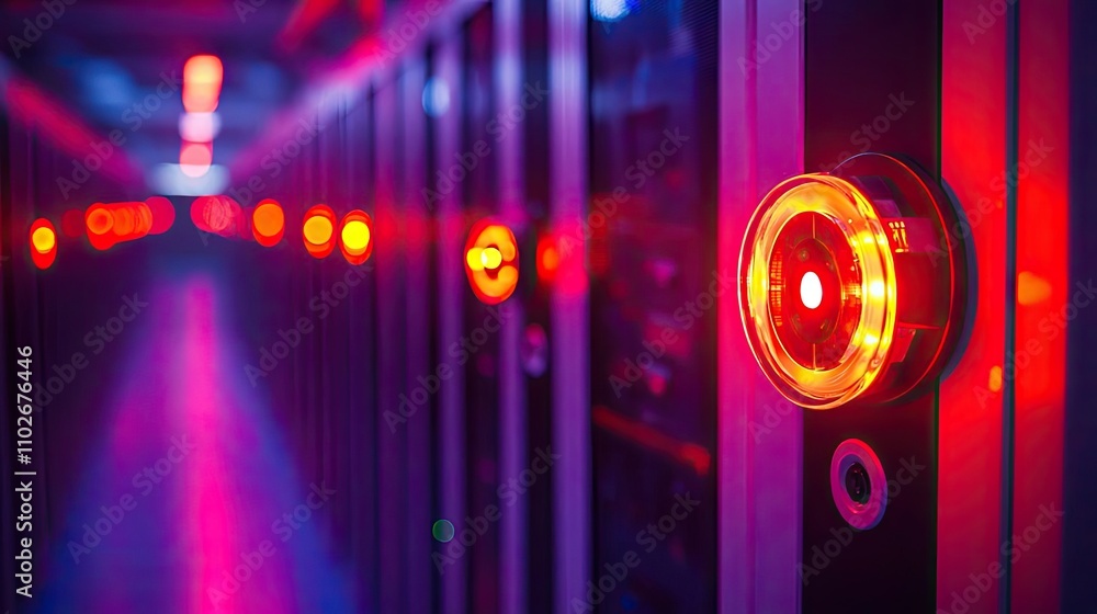 Aufkleber futuristic data center with glowing red lights illuminating server racks.