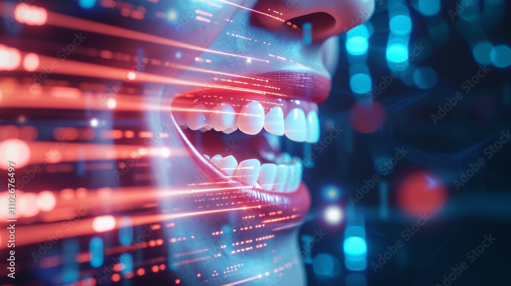Poster a vibrant 3d digital rendering of human teeth with holographic effects and flowing data streams, rep