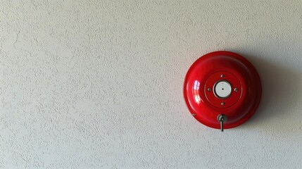 Red fire alarm bell on a plain wall, isolated background.