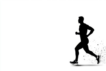 A minimalist silhouette of a runner mid-stride, designed in bold black and white with clean lines