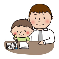 勉強する息子と見守るパパ