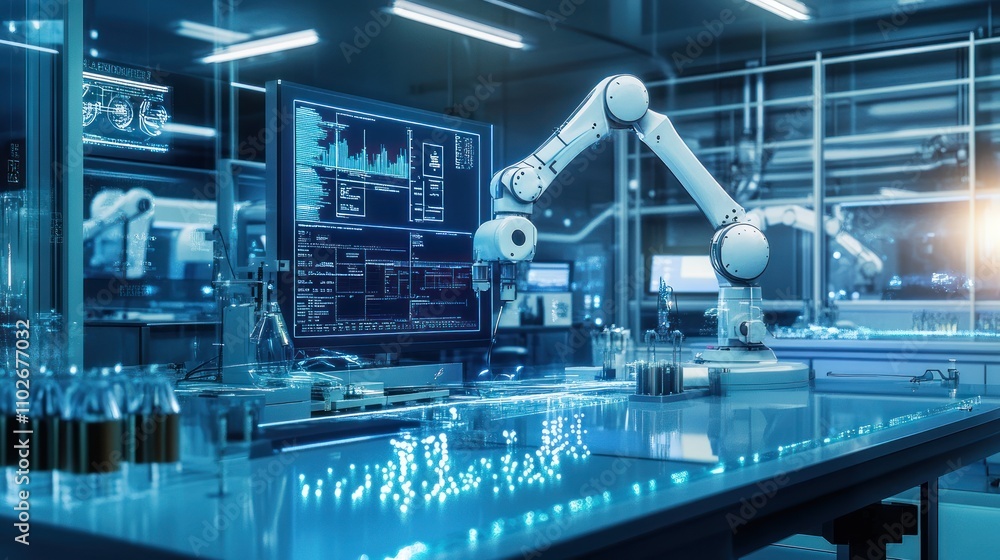 Poster futuristic laboratory with robotic arm and digital interface.