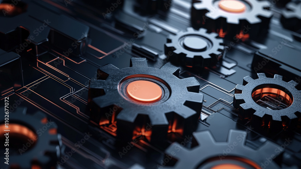 Poster a close-up of black metallic gears on a circuit-like surface, highlighting intricate details and a m