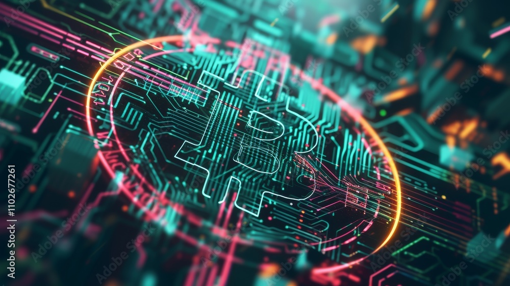 Poster a digital bitcoin symbol appears integrated into high-tech circuitry with colorful neon highlights a