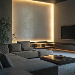 Modern living room, sectional sofa, media wall, TV.