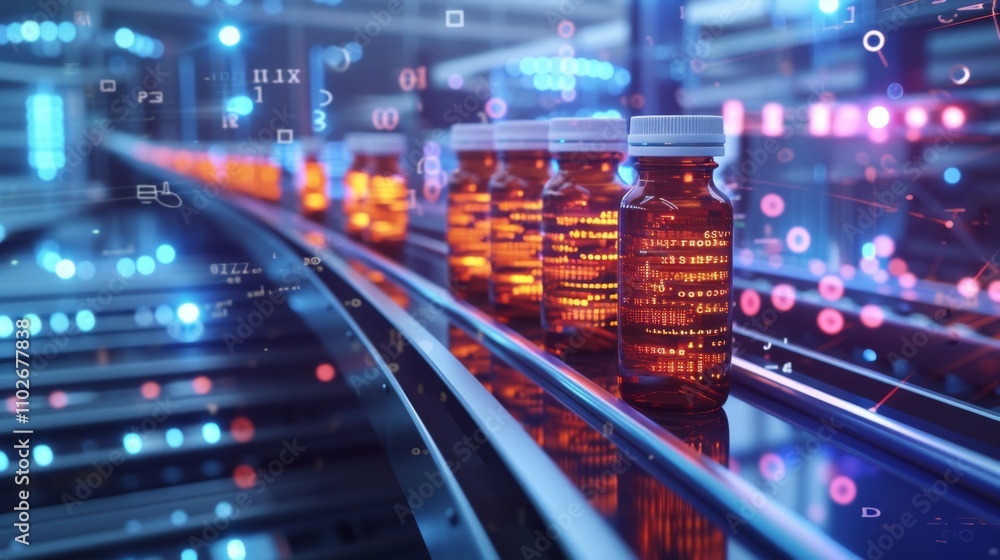 Poster a row of pharmaceutical vials on a high-tech assembly line, illuminated by digital lights and surrou