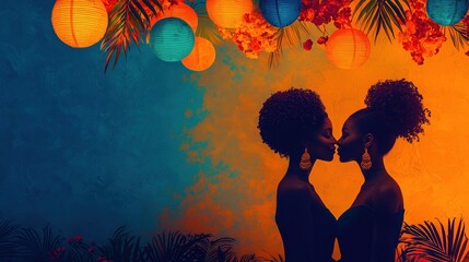 Lesbian couple shares a tender moment at a vibrant charity event with colorful decorations and a supportive crowd surrounding them