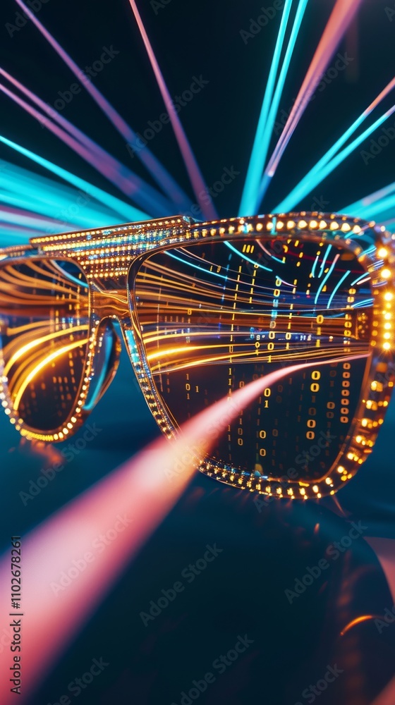 Poster a pair of futuristic sunglasses adorned with vibrant neon lights and digital data streams create a d