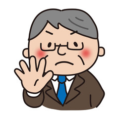 ストップのポーズをする茶色いスーツを着た眼鏡のおじさん