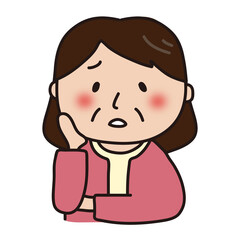 困っているピンクのカーディガンを着たおばさん