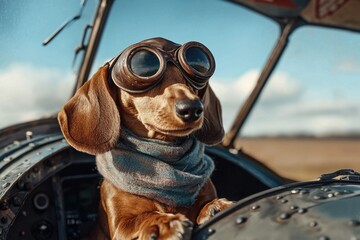 Dachshund aviator proudly commands a Soviet-era cockpit with vintage goggles and a scarf under a bright blue sky
