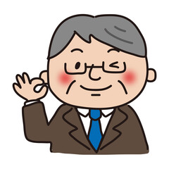 OKサインを出している茶色いスーツを着た眼鏡のおじさん
