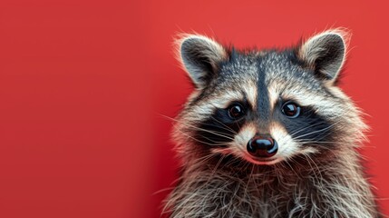 Obraz premium Cute raccoon peeking from behind a red wall with space for text