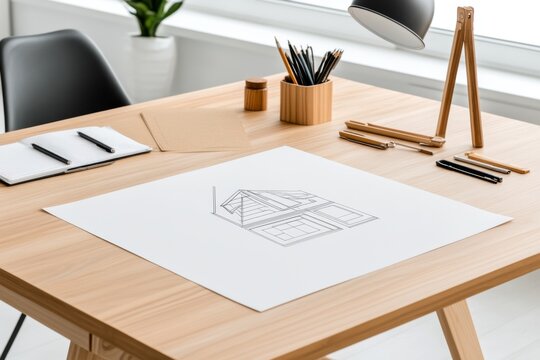 A soft watercolor illustration of a desk filled with architectural sketches and drafting tools, blending earthy and pastel tones