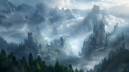 Naklejka premium Misty Mountain Peaks Enveloped In Clouds And Forest