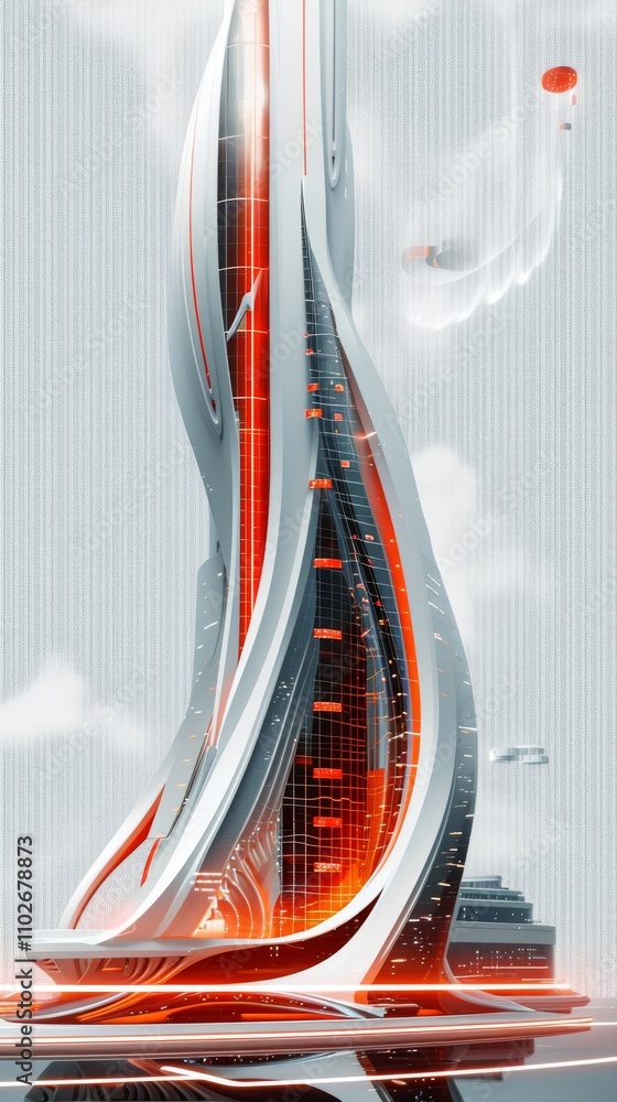 Poster a futuristic ai-generated tower with dynamic, flowing curves and glowing red lights dominates the sc