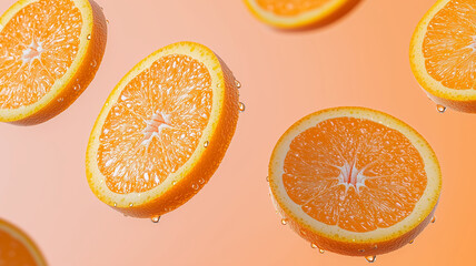 Floating orange slices with juice droplets create refreshing and vibrant scene. bright colors and...