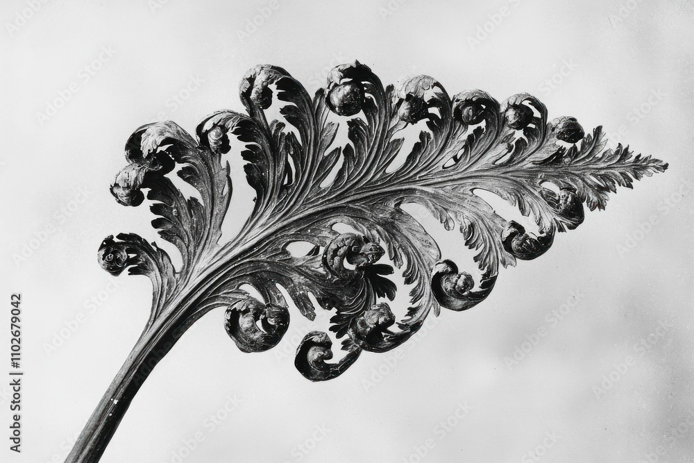 Poster black and white artistic close-up of a fern leaf showcasing intricate curled patterns and delicate t