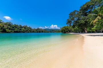 Fototapeta premium A tranquil aqua lagoon surrounded by white sand and palm trees faintly visible in the corners