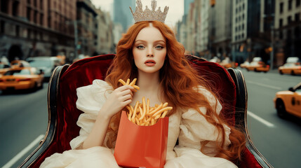 Queen of fries enjoys a casual parade through the bustling streets, surrounded by iconic yellow...